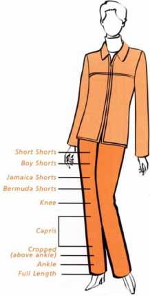Short Shorts Boy Shorts; Jamaica Shorts Bermuda Shorts; Capris; Cropped (above ankle); Ankle; Full Length; Knee