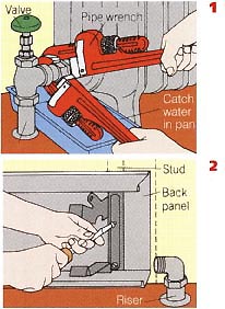 1. Turn off system and let cool. Close feed valve and open radiator valves. Attach hose to boiler drain valve, open radiator vent and drain water. Use pipe wrenches (or propane torch, if soldered) to remove radiator. 2. Align baseboard convector with riser pipes and align con- vector’s back panel so it can be screwed directly into studs. Mark position for back-panel screw holes, drill pilot holes and screw into place.