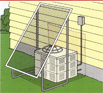 An air screen greatly improves a heat pump’s cooling efficiency in the summer, especially in warm, humid climates. It shades the outdoor condensing coil to make it possible for the cooling coil to dissipate heat faster. In the winter, remove the screen to better capture the sun’s warming rays. 