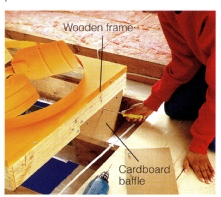 5. Fill the gap between the ceiling and fan frame with cardboard baffles; some manufacturers supply them. Cut baffles to fit between ceiling joists and screw the baffles to the fan frame. Cut insulation to fit up to the baffles.
