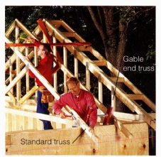 Factory-built trusses (right) , triangles of 2x4s and 2x6s reinforced with metal plates and a web of more 2x4s and 2x6s, can be installed easily, even by novices. Computerized systems can make all the calculations to allow even complex roof designs to be manufactured and installed using trusses. 